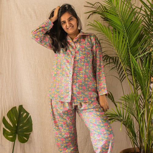 Floral Twines Spring Blockprinted Loungewear Set-loungewear-House of Ekam