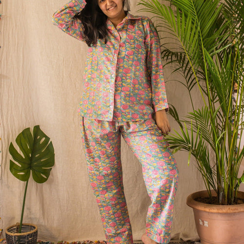 Floral Twines Spring Blockprinted Loungewear Set-loungewear-House of Ekam