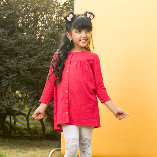 Fuchsia Pink Cotton Slub Girl Dress-Kidswear-House of Ekam