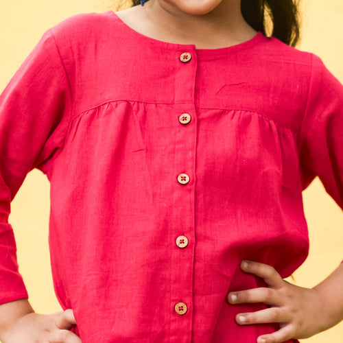 Fuchsia Pink Cotton Slub Girl Dress-Kidswear-House of Ekam