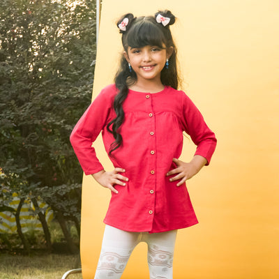 Fuchsia Pink Cotton Slub Girl Dress-Kidswear-House of Ekam