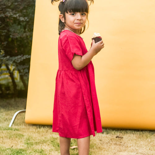 Fuchsia Pink Cotton Slub Girl Long Dress-Kidswear-House of Ekam