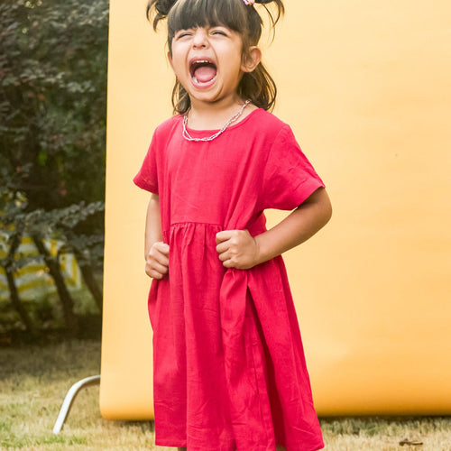 Fuchsia Pink Cotton Slub Girl Long Dress-Kidswear-House of Ekam