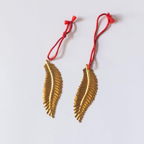 Gold Metal Long Leaf Christmas Ornament Set Of 2-Ornaments-House of Ekam