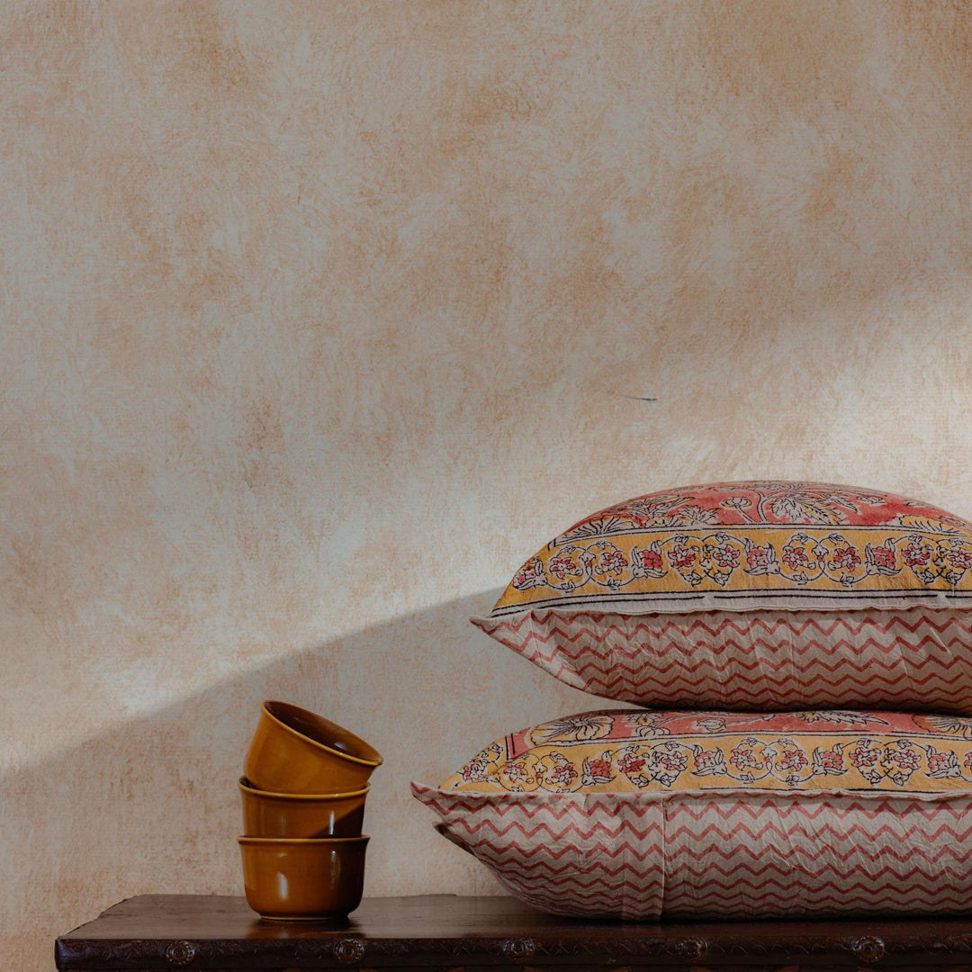 Golocanda Floral Kalamkari Blockprint Cushion Cover-Cushion Covers-House of Ekam