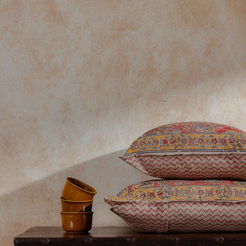 Golocanda Floral Kalamkari Blockprint Cushion Cover-Cushion Covers-House of Ekam