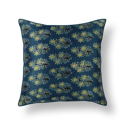 Green Buti Floral Blockprint Mashru Silk Cushion Cover-Cushion Covers-House of Ekam