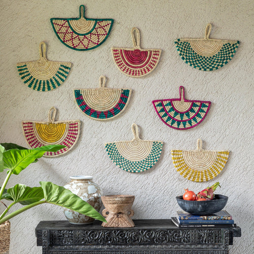 Green Check Handwoven Sabai Grass Fan-Sabai baskets-House of Ekam