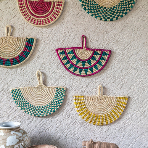 Green Check Handwoven Sabai Grass Fan-Sabai baskets-House of Ekam