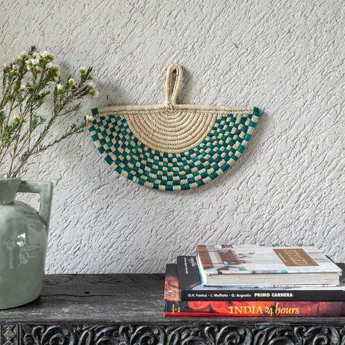 Green Check Handwoven Sabai Grass Fan-Sabai baskets-House of Ekam