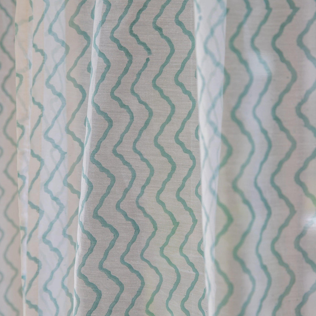 Green Chevron Blockprint Maheshwari Silk Curtain-Curtains-House of Ekam