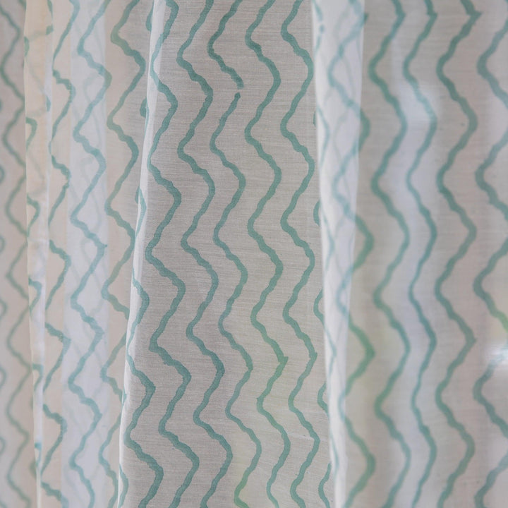 Green Chevron Blockprint Maheshwari Silk Curtain-Curtains-House of Ekam
