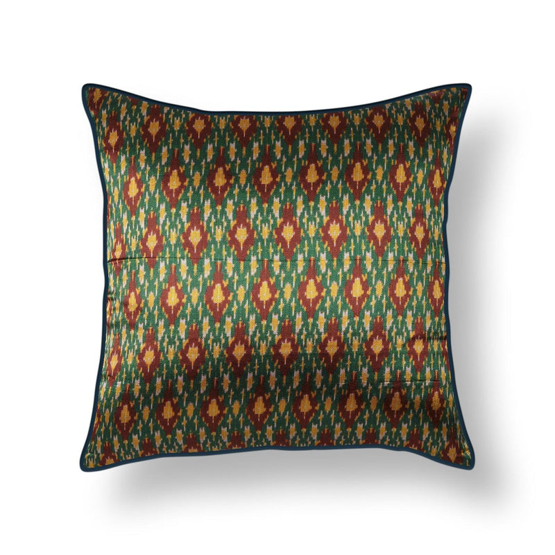 Green Ikat Blockprint Mashru Silk Cushion Cover-Cushion Covers-House of Ekam