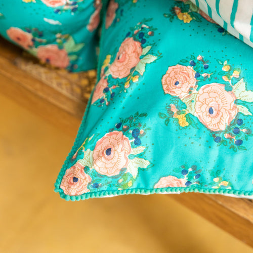 Green Kentish Rose Blockprinted Cushion Cover-Cushion Covers-House of Ekam