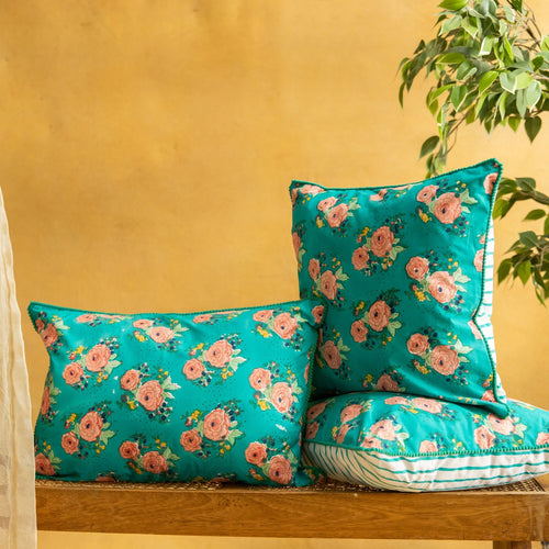 Green Kentish Rose Blockprinted Cushion Cover-Cushion Covers-House of Ekam