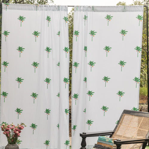 Green Palm Tropicasa Cotton Curtain-Curtains-House of Ekam