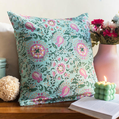 Green & Pink Anaar Print Cushion Cover-Cushion Covers-House of Ekam