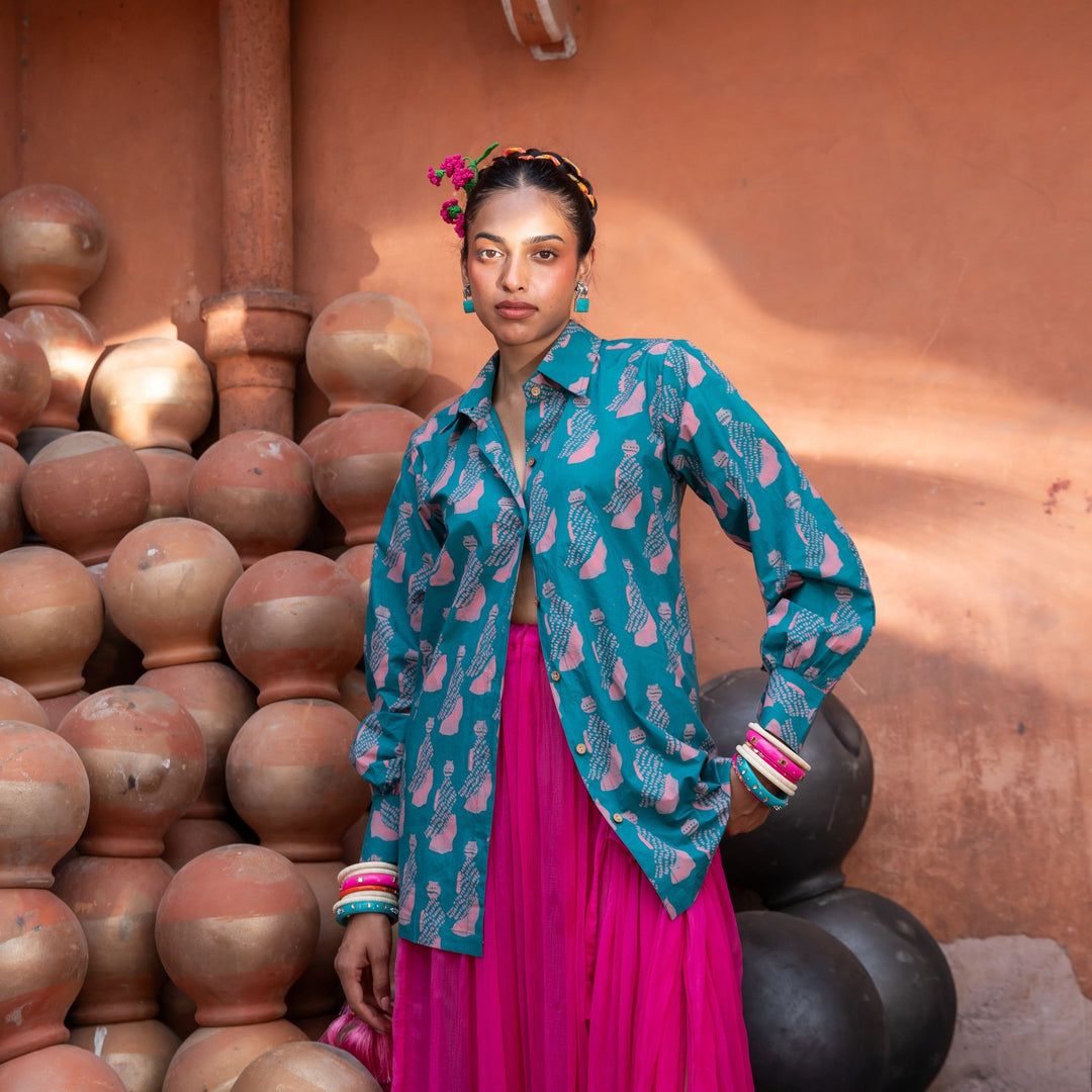 Green &amp; Pink Jeeja Cotton Shirt-Shirts-House of Ekam