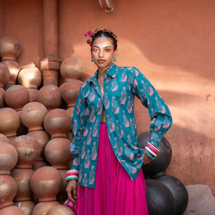 Green &amp; Pink Jeeja Cotton Shirt-Shirts-House of Ekam