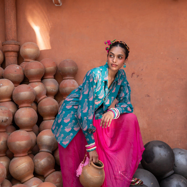 Green &amp; Pink Jeeja Cotton Shirt-Shirts-House of Ekam