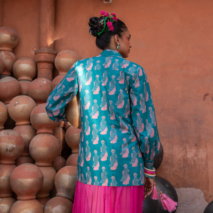 Green &amp; Pink Jeeja Cotton Shirt-Shirts-House of Ekam