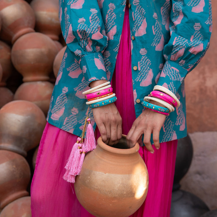 Green &amp; Pink Jeeja Cotton Shirt-Shirts-House of Ekam