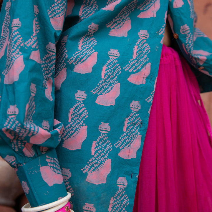 Green &amp; Pink Jeeja Cotton Shirt-Shirts-House of Ekam