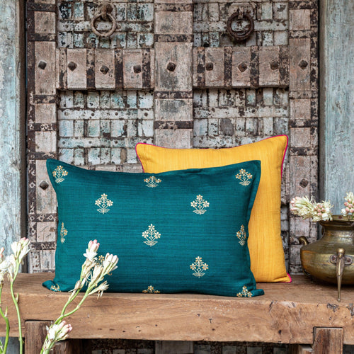 Green Poppy Gold Zari Embroidery Matka Silk Cushion Cover-Cushion Covers-House of Ekam