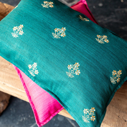 Green Poppy Gold Zari Embroidery Matka Silk Cushion Cover-Cushion Covers-House of Ekam