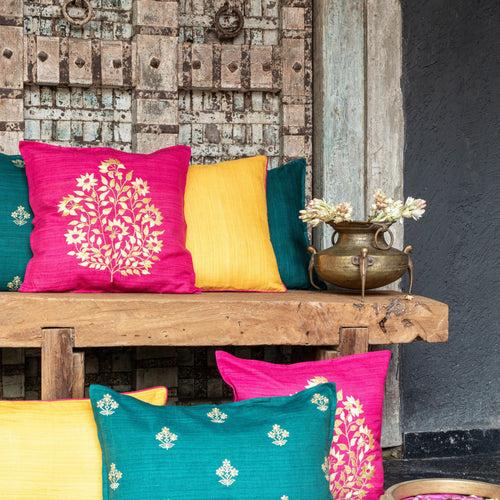 Green Poppy Gold Zari Embroidery Matka Silk Cushion Cover-Cushion Covers-House of Ekam