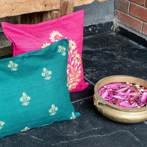 Green Poppy Gold Zari Embroidery Matka Silk Cushion Cover-Cushion Covers-House of Ekam