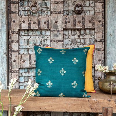 Green Poppy Gold Zari Embroidery Matka Silk Cushion Cover-Cushion Covers-House of Ekam