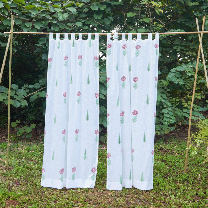Green &amp; Red Gul Blockprint Cotton Slub Curtain-Curtains-House of Ekam