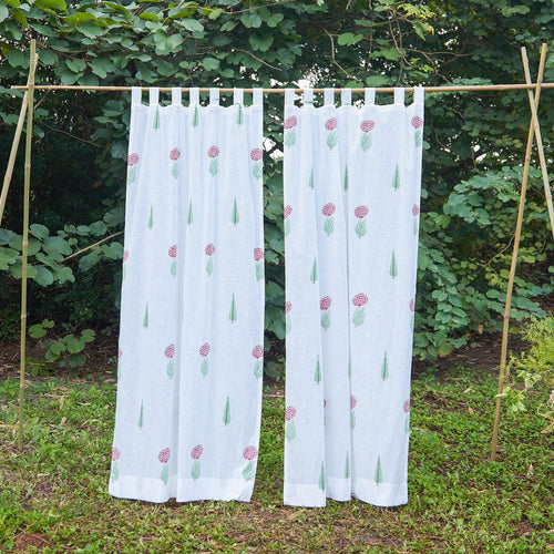 Green & Red Gul Blockprint Cotton Slub Curtain-Curtains-House of Ekam