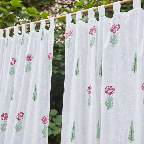 Green & Red Gul Blockprint Cotton Slub Curtain-Curtains-House of Ekam