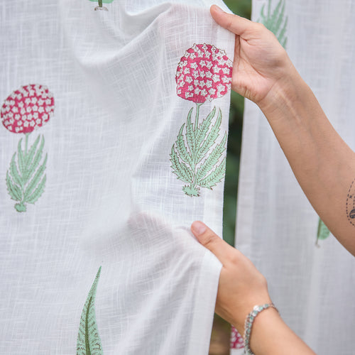 Green & Red Gul Blockprint Cotton Slub Curtain-Curtains-House of Ekam