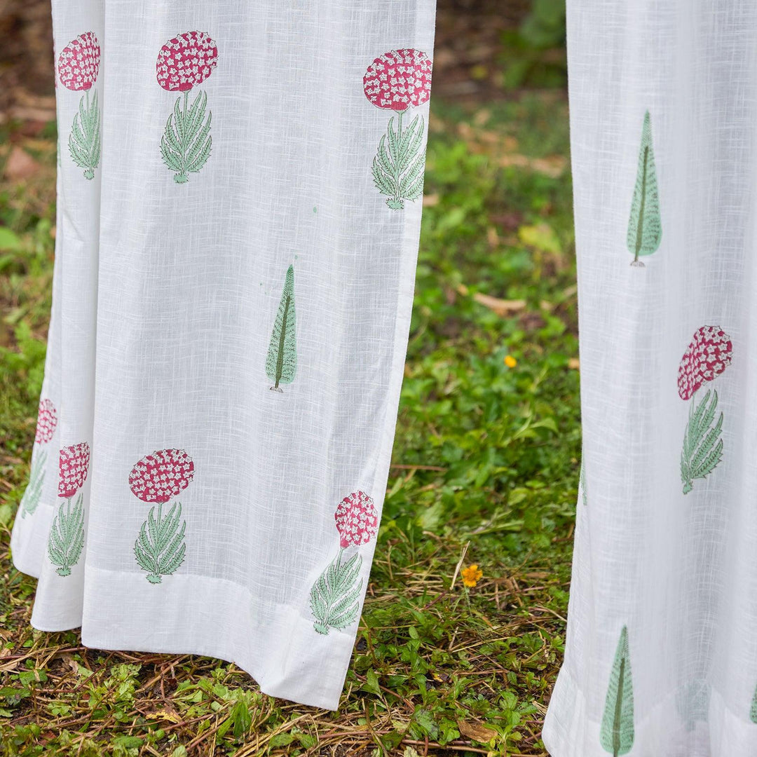 Green &amp; Red Gul Blockprint Cotton Slub Curtain-Curtains-House of Ekam