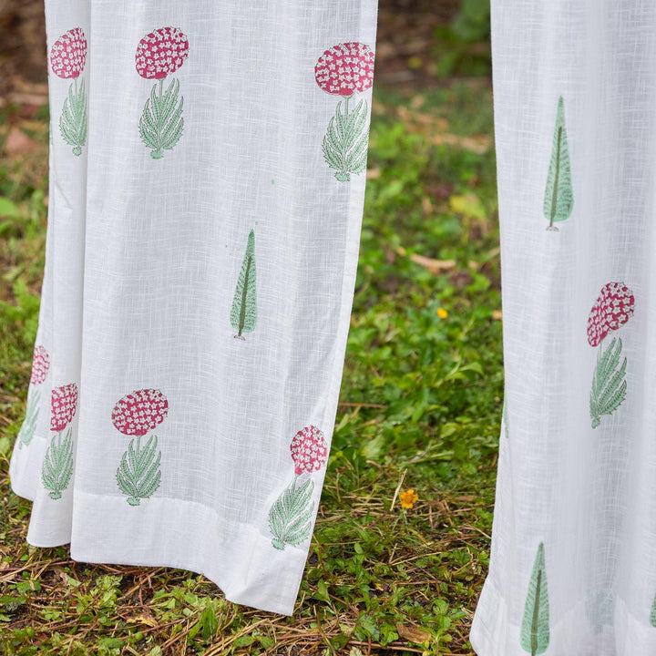 Green &amp; Red Gul Blockprint Cotton Slub Curtain-Curtains-House of Ekam