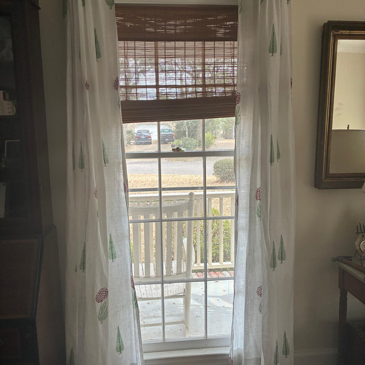 Green &amp; Red Gul Blockprint Cotton Slub Curtain-Curtains-House of Ekam