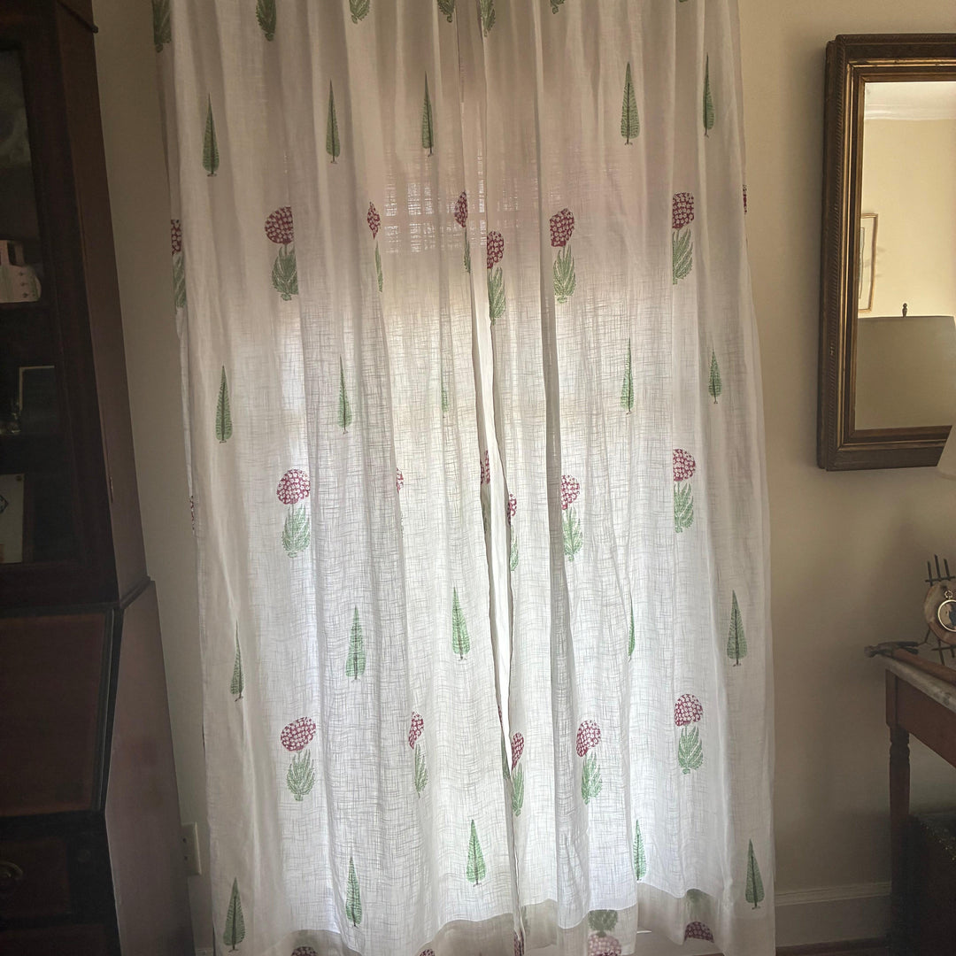 Green &amp; Red Gul Blockprint Cotton Slub Curtain-Curtains-House of Ekam