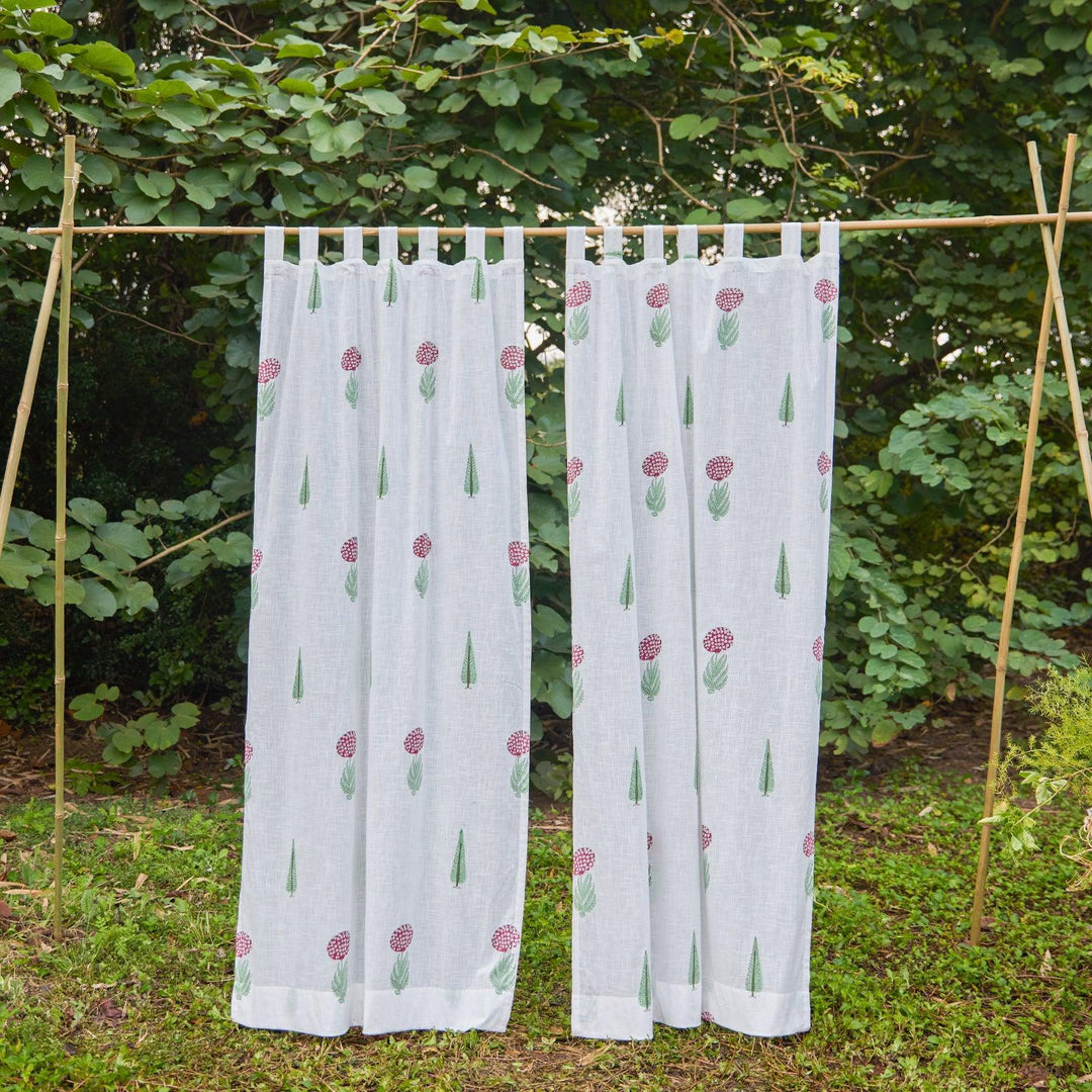 Green &amp; Red Gul Blockprint Cotton Slub Curtain-Curtains-House of Ekam