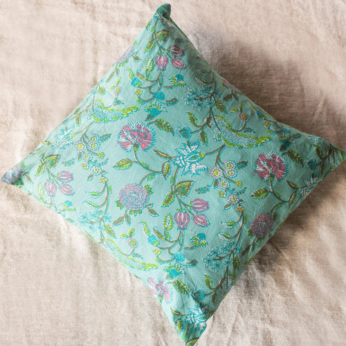 Green Spring Floral Fields Blockprint Print Cushion Cover-Cushion Covers-House of Ekam