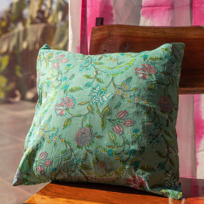 Green Spring Floral Fields Blockprint Print Cushion Cover-Cushion Covers-House of Ekam