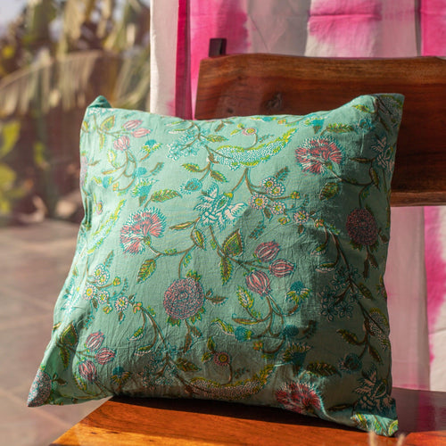 Green Spring Floral Fields Blockprint Print Cushion Cover-Cushion Covers-House of Ekam