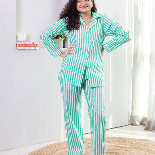 Green Stripe Cotton Loungewear Set-loungewear-House of Ekam