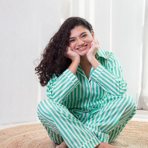 Green Stripe Cotton Loungewear Set-loungewear-House of Ekam