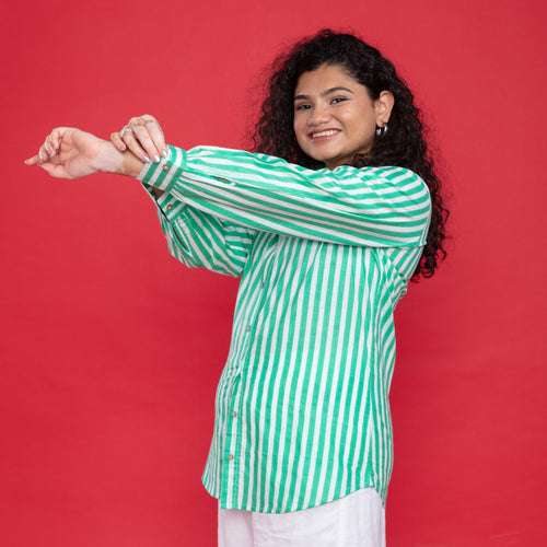 Green Stripe Cotton Shirt-Shirts-House of Ekam