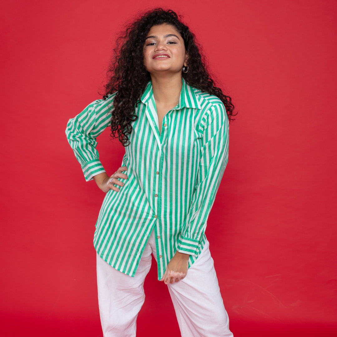 Green Stripe Cotton Shirt-Shirts-House of Ekam