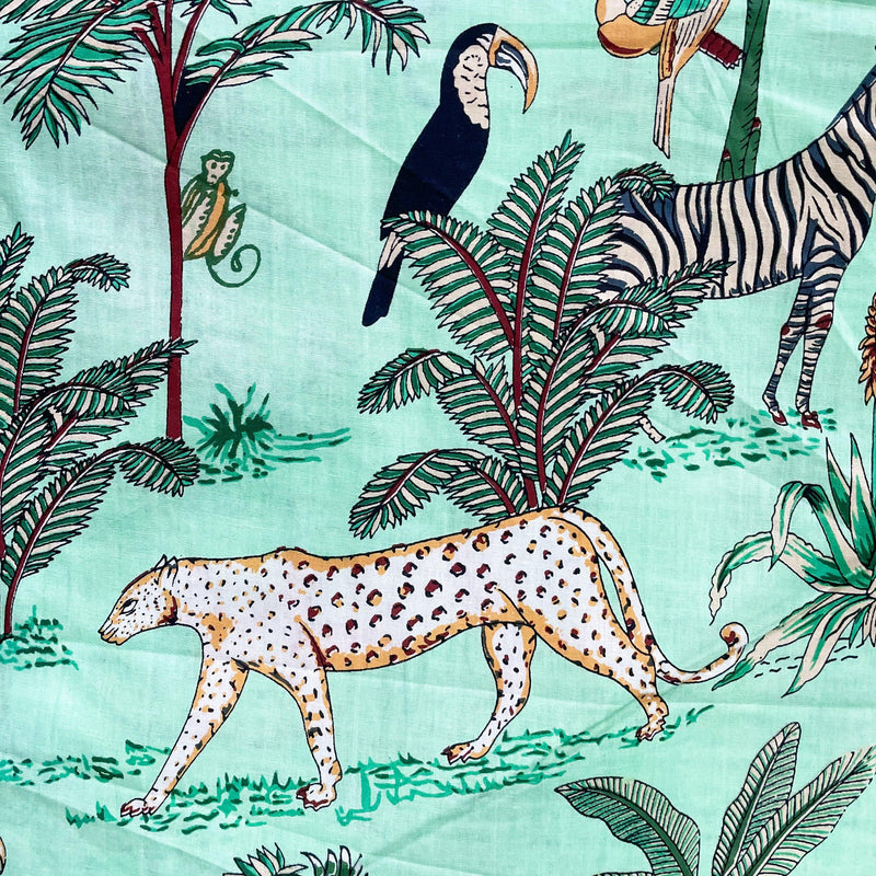 Green Tropical Safari Hand Screenprinted Cotton Fabric-fabric-House of Ekam