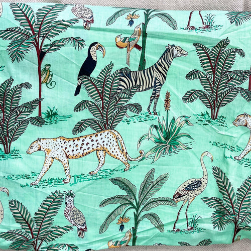 Green Tropical Safari Hand Screenprinted Cotton Fabric-fabric-House of Ekam